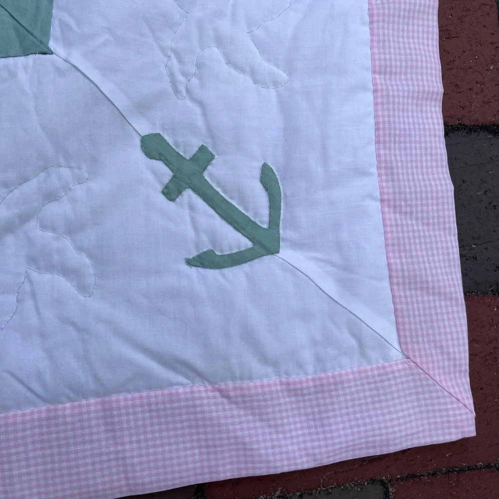 Handmade Sailboat Girls Crib Quilt, Green, White, Pink, One Of A Kind 42